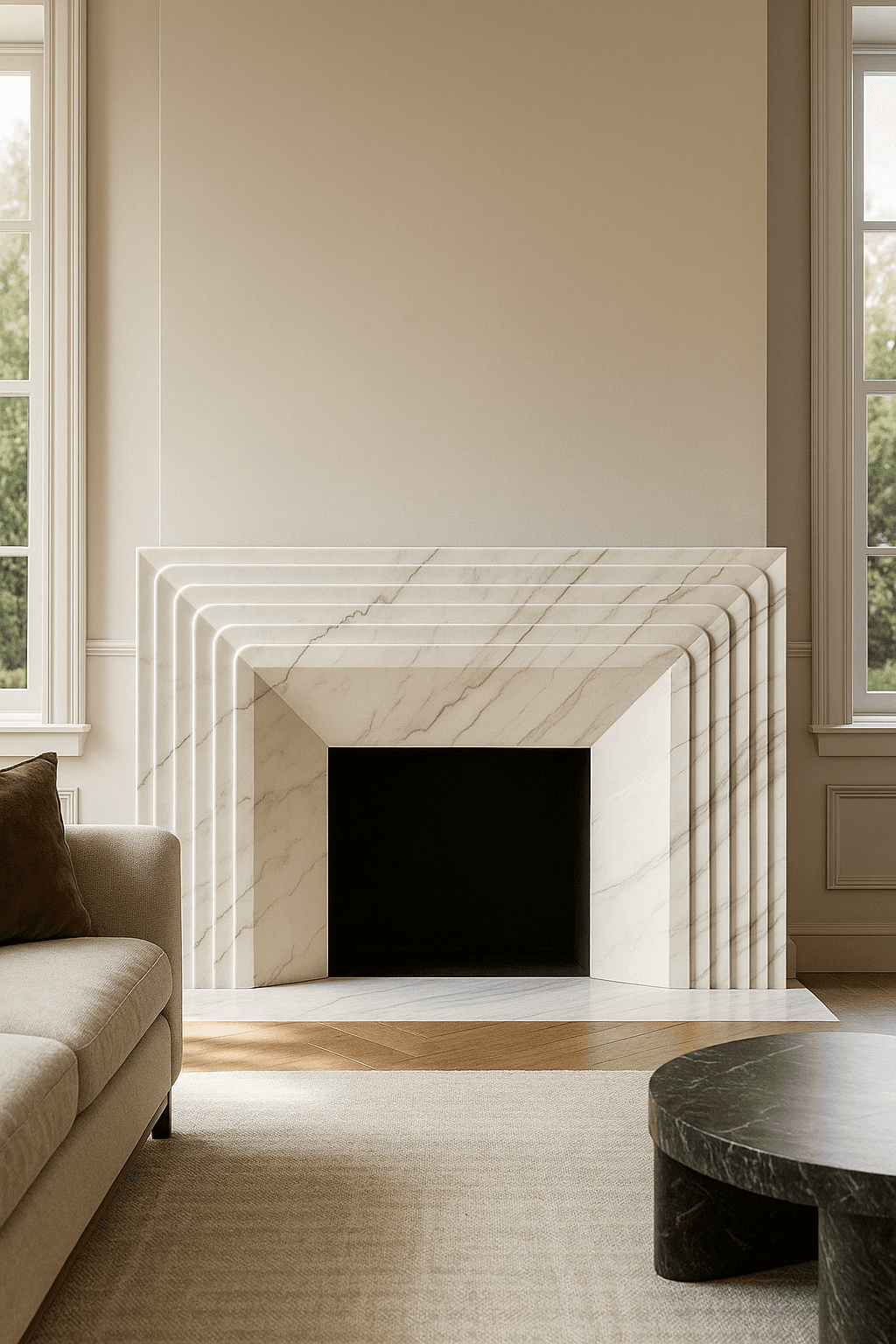 luxurious white marble fireplace